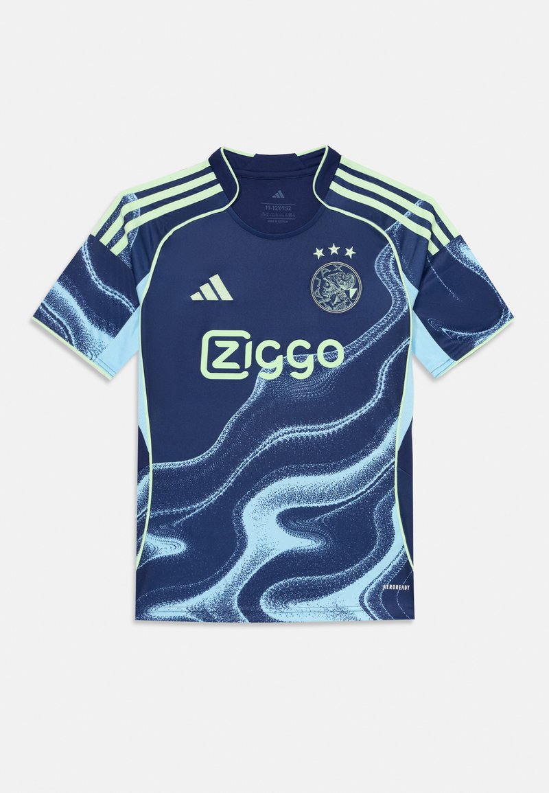 Marine fotbaltrøye med abstrakte blå mønstre, lysegrønne detaljer, tre stjerner over logoen, og Adidas-merke på skuldrene.