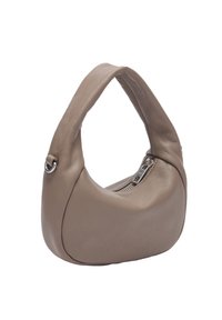 Borsa a mano in pelle marrone con forma curva, manico corto e chiusura con zip. Presenta una trama liscia e dettagli in metallo.