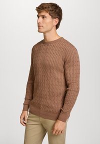 Młody mężczyzna w brązowym swetrze z warkoczem i beżowych spodniach, stojący bokiem na jednolitym jasnym tle.