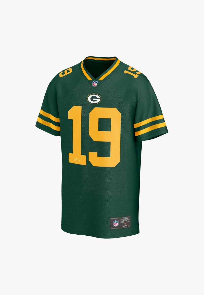 Grøn trøje med gule accenter, med nummer 19 og holdlogo. Fremstillet af åndbart stof med korte ærmer og v-udskæring.