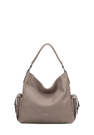 Grote, taupe leren handtas met een gestructureerde afwerking, hobo-stijl, met een gebogen bovenkant en twee zijvakken. Zilveren hardwareaccenten.