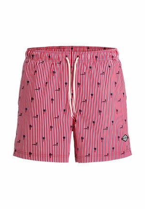 Costume da bagno a righe verticali rosse e bianche con vita elastica, coulisse bianca e piccola stampa nera di palme ovunque.