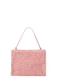 Borsa rosa con una superficie in texture morbida, forma rettangolare e una sottile tracolla. Realizzata in materiale soffice.