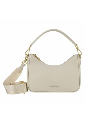 Borsa a mano in pelle beige con una forma curva, hardware in tono oro e una tracolla rimovibile con logo. Chiusura con zip sulla parte superiore.