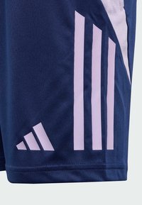 Navy sports shorts with light pink three-stripe design, made of textured fabric, featuring a mesh panel for breathability and comfort.