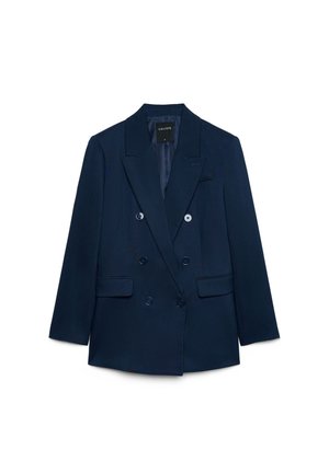 Marineblauer, zweireihiger Blazer mit breiten Revers, sechs Knöpfen, zwei Pattentaschen und einer Brusttasche, Größe klein gekennzeichnet.