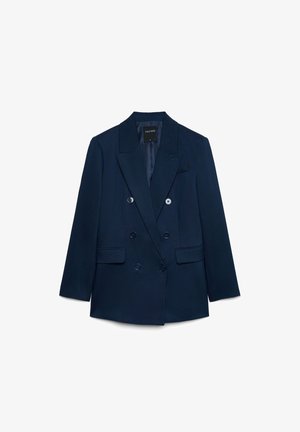 Marineblauer, zweireihiger Blazer mit breiten Revers, sechs Knöpfen, zwei Pattentaschen und einer Brusttasche, Größe klein gekennzeichnet.