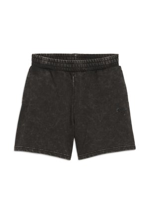 Shorts noirs texturés avec une taille élastique, présentant un motif légèrement décoloré et un petit logo en bas à gauche.