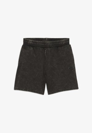 Shorts neri con texture e vita elastica, caratterizzati da un delicato motivo sbiadito e un piccolo logo sul lato sinistro in basso.