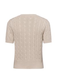 Beiger kurzärmeliger Pullover mit einem Zopfmuster, Rundhalsausschnitt und geripptem Saum. Aus weichem Strickstoff gefertigt.