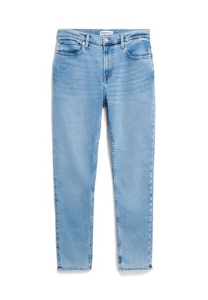Jeans in denim azzurro chiaro con design a gamba dritta, stile a cinque tasche e leggera sfumatura nella parte frontale. Chiusura con bottone e zip.
