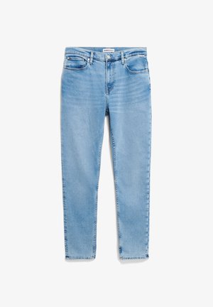 Helle blaue Jeans mit geradem Bein, fünf Taschenstil und subtilen Waschungen auf der Vorderseite. Knopf- und Reißverschluss.