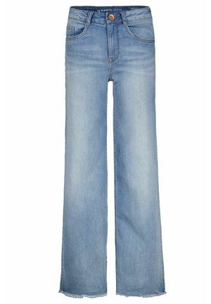 Lyseblå denimjeans med høj talje, knaplukning, forlommer og frynsede kanter på brede, lige ben.