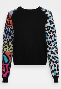 Black sweater with colorful animal print accents on sleeves. Made of soft fabric, features a round neckline and ribbed cuffs.