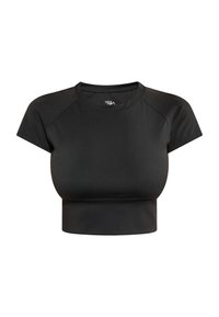 Zwarte, cropped sport T-shirt gemaakt van gladde, rekbare stof met korte mouwen en een ronde hals. Heeft een raglan mouwontwerp.