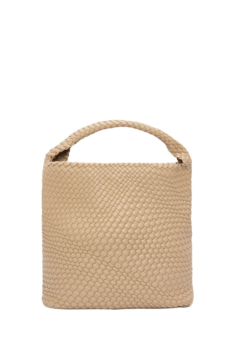 Beige kangas nahka käsilaukku, jossa on suorakulmainen muoto, lyhyet punotut kahvat ja sileä pinta. Minimalistinen muotoilu ilman havaittavia yksityiskohtia.