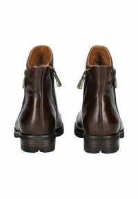Hnědé kožené kotníkové boty s hladkým povrchem, zipovým zapínáním a nízkým podpatkem. Obsahují boční švy a polstrovaný interiér.
