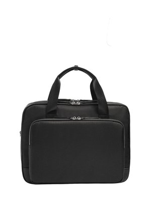 Czarna torba na laptopa z dwoma zapinanymi na zamek przegrodami i dwoma krótkimi uchwytami, przeznaczona do przenoszenia urządzeń elektronicznych lub dokumentów.