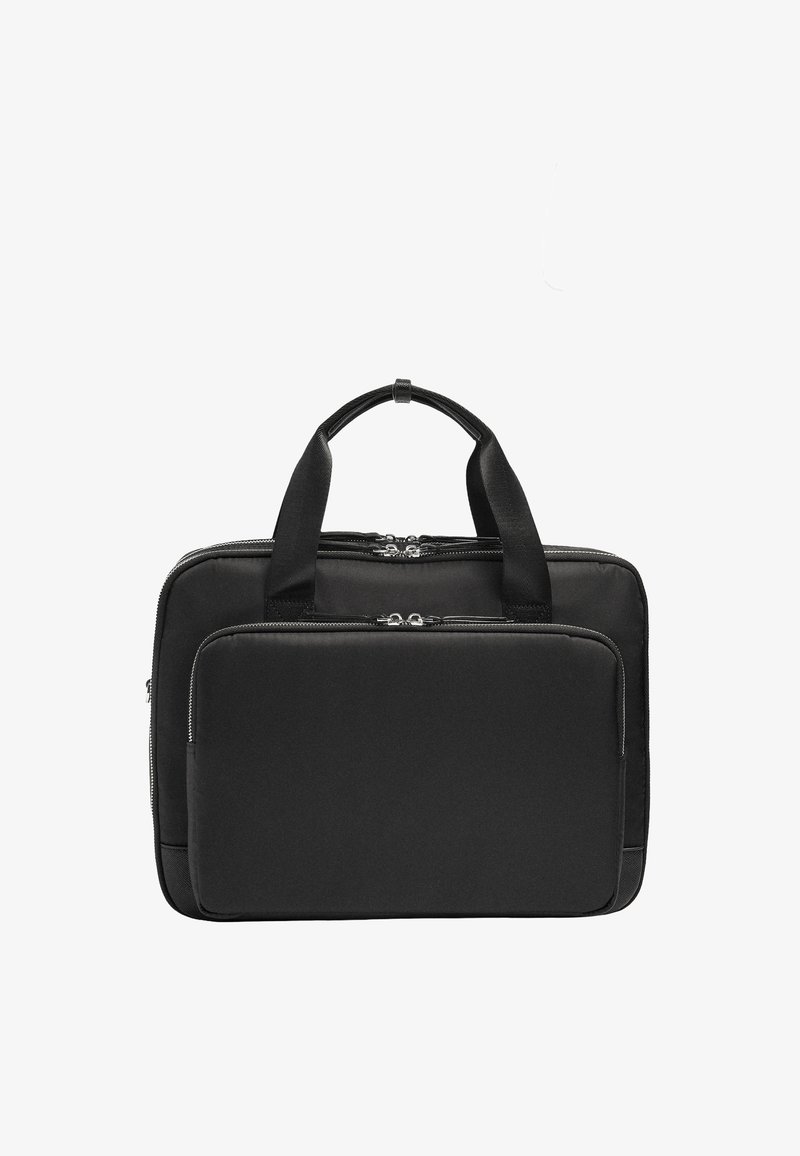 Czarna torba na laptopa z dwoma zapinanymi na zamek przegrodami i dwoma krótkimi uchwytami, przeznaczona do przenoszenia urządzeń elektronicznych lub dokumentów.