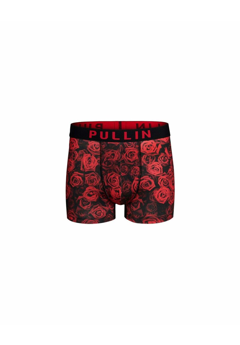 Boxer briefs pour hommes avec un fond noir orné de motifs de roses rouges éclatantes. Ceinture noire avec le logo "PULLIN" en rouge. Texture de tissu douce.