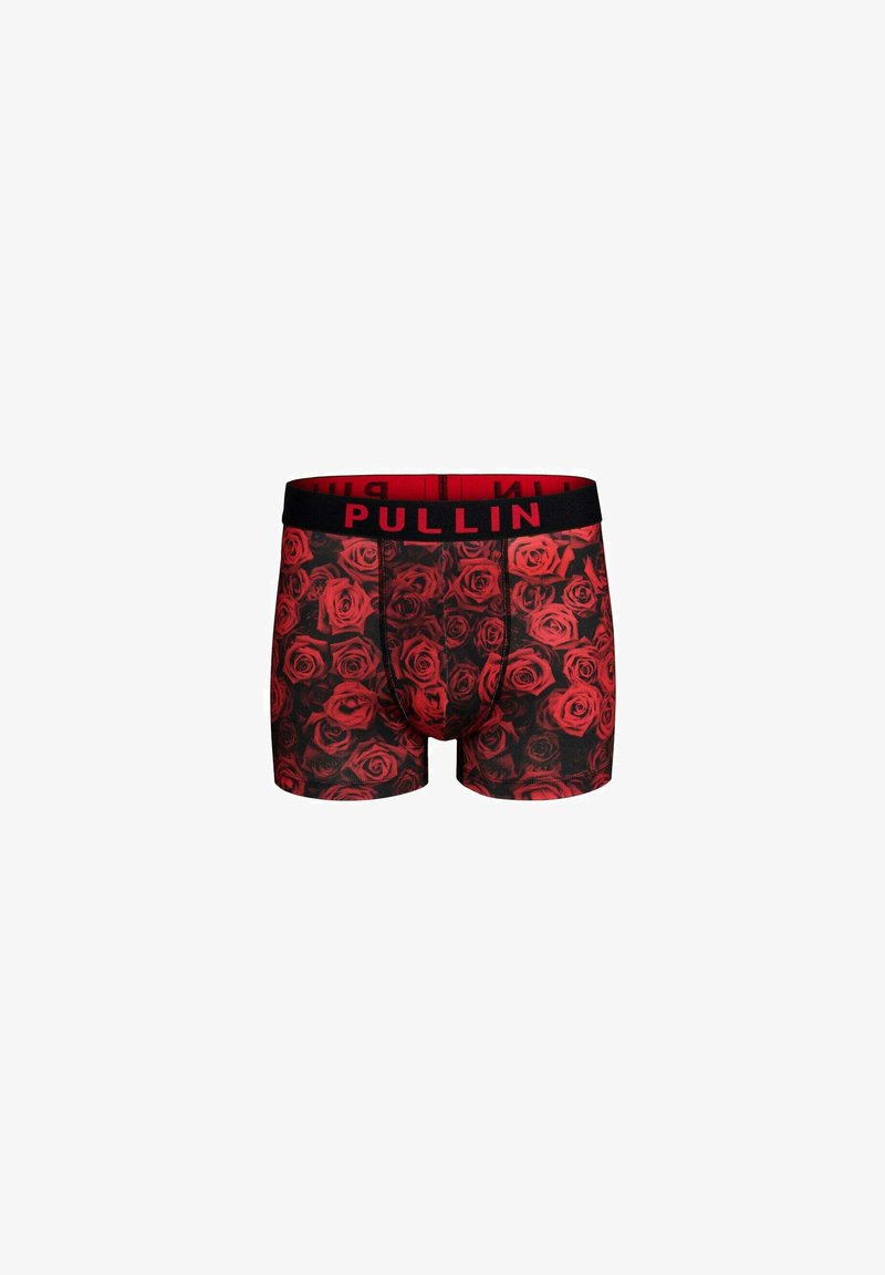 Boxer briefs pour hommes avec un fond noir orné de motifs de roses rouges éclatantes. Ceinture noire avec le logo "PULLIN" en rouge. Texture de tissu douce.