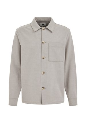 Hellgraue Jacke mit langen Ärmeln, einem Kragen, fünfvorderseitigen Knöpfen und einer einzelnen Brusttasche auf der linken Seite.