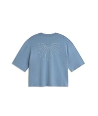 T-shirt bleu clair à manches courtes avec un motif de cadran solaire blanc comportant des chiffres romains dans le dos.