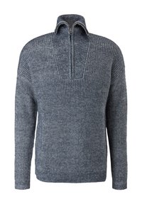 Grå stickad tröja med halvdold dragkedja i kragen, texturerat mönster, elastiska ärmslut och fåll, med en boxy passform och ribbade detaljer.