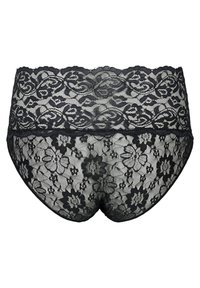 Zwarte kanten onderbroek met een bloemenpatroon, elastische tailleband en doorschijnende textuur. De achterkant toont een verfijnde details in het kantontwerp.