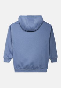 Hoodie azul com capuz ajustável por cordão, punhos e cós canelados, e uma textura suave. A vista traseira exibe um design simples e limpo.