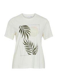 Valkoinen lyhythihainen T-paita, joka on valmistettu puuvillasta. Tässä paidassa on vihreitä lehtigrafiikoita ja vaalea pyöreä kuvio yksinkertaisen reunan sisällä.