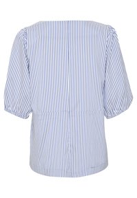 Kék és fehér csíkos blúz, lekerekített nyakkivágással, puffos ujjakkal és laza béléssel, könnyű pamut anyagból készült.