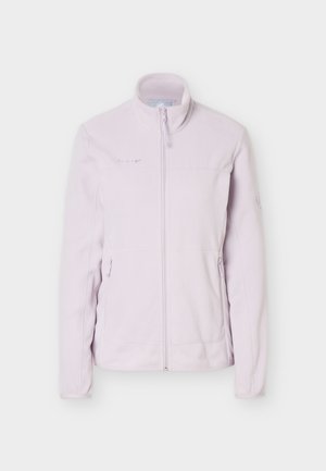 Ρόζ ανοιχτό μπουφάν fleece με πλήρη φερμουάρ, όρθιο γιακά, πλαϊνές τσέπες με φερμουάρ και διακριτικό λογότυπο της μάρκας στο στήθος και το μανίκι.