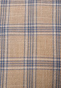 Tkanina tkana o beżowej bazie i niebieskim wzorze w kratę. Charakteryzuje się teksturowaną, trwałą powierzchnią z wyraźnymi pionowymi i poziomymi liniami.