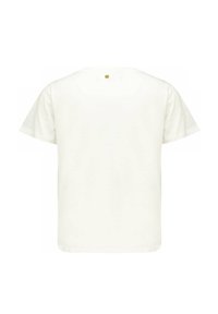 T-shirt à manches courtes, col rond en blanc cassé, fabriqué en tissu doux avec une texture lisse. Présente un détail de logo discret près de l'encolure.