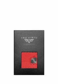 Red Tru Virtu wallet with a textured surface, displayed in a black box featuring a silver logo and accents.
