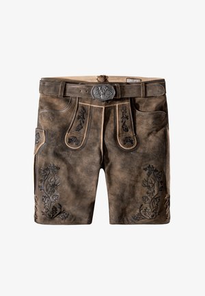 Brown leather shorts with floral embroidery, contrasting stitching, and a decorative metal buckle. Features two front pockets and lace accents.