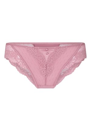Roze damesbikini met kanten bloemenpatroon, mesh zijden en twee kleine knoopjes aan de voorkant in het midden.