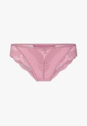 Roze damesbikini met kanten bloemenpatroon, mesh zijden en twee kleine knoopjes aan de voorkant in het midden.