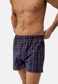 Gestreifte Boxershorts in Marineblau mit hellblauen und weißen Mustern, elastischer Bund, einzelner Knopf vorne, aus weichem Baumwollstoff.