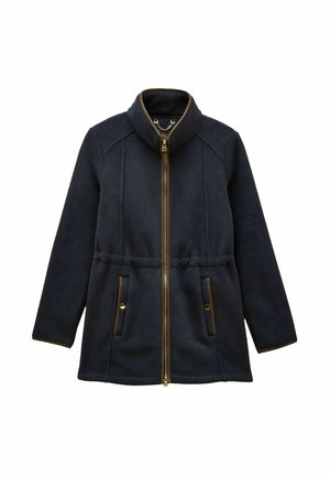 Marineblaue Fleecejacke mit hohem Kragen, goldenem Reißverschluss und zwei vorderen Taschen mit braunen Akzenten. Weicher Stoff und maßgeschneiderter Schnitt.