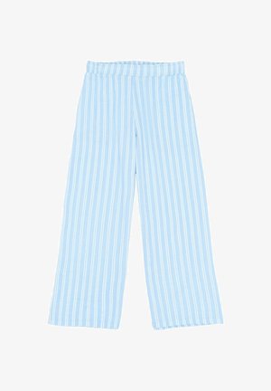 Helle blaue, weit geschnittene Hose mit weißen vertikalen Streifen, elastischem Taillenbund und einem weichen, strukturierten Stoff. Lässiges und bequemes Design.