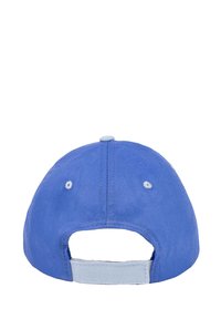 Casquette de baseball bleue avec un design structuré, texture en tissu et sangle ajustable à l'arrière ; comprend deux trous de ventilation.