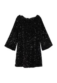 Robe mini en sequins noirs avec des manches trois-quarts, un col rond et un ourlet évasé. Un bord en satin lisse au niveau du cou rehausse le design.