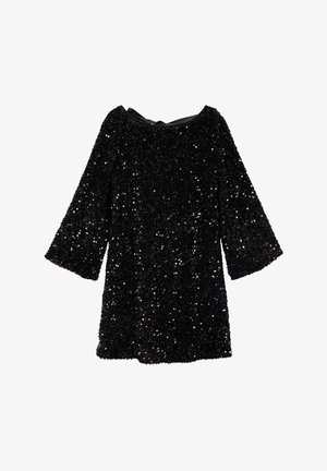 Czarna sukienka mini z cekinami, z rękawami o długości trzech ćwierć, okrągłym dekoltem i rozkloszowanym dołem. Gładkie satynowe wykończenie przy dekolcie podkreśla projekt.