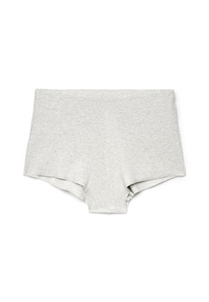 Jasnoszare prążkowane damskie bokserki z szerokim pasem, ułożone płasko na białym tle.