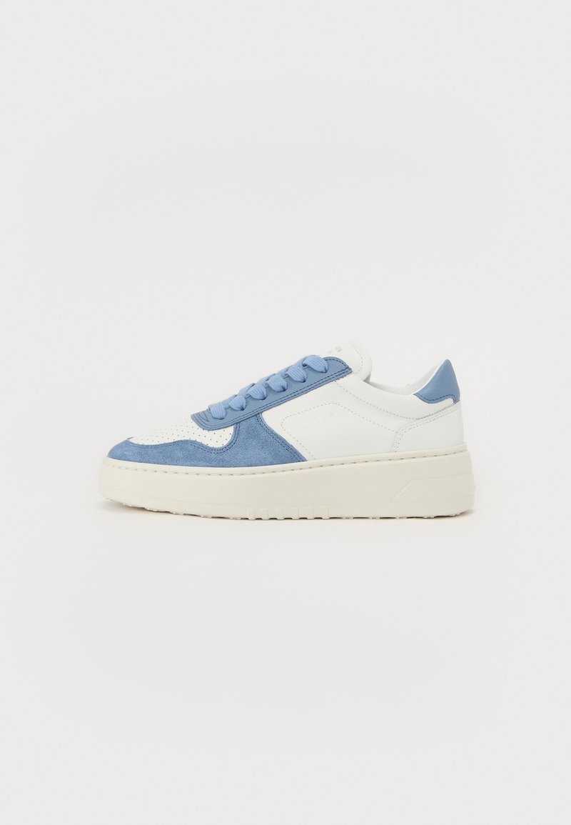 Blue and white sneakers featuring a suede and leather upper, round toe, flat laces, and a thick white sole with ridged accents.