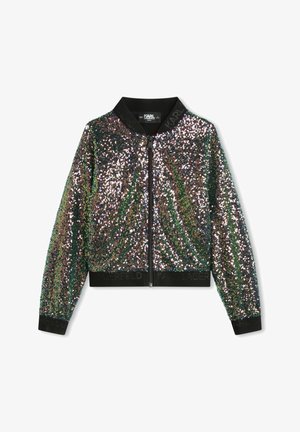 Giacca bomber in paillettes con colletto e polsini a costine neri. Presenta una zip frontale, paillettes multicolori e una superficie texture.