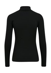 Schwarzer, gerippter Rollkragenpullover mit langen Ärmeln, der über eine taillierte Passform und eine glatte Textur auf der Rückseite verfügt.