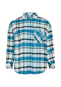 Camicia in flanella a bottoni nei toni turchese, nero e bianco con motivo a quadri. Caratterizzata da una tasca sul petto e maniche lunghe. Tessuto morbido.